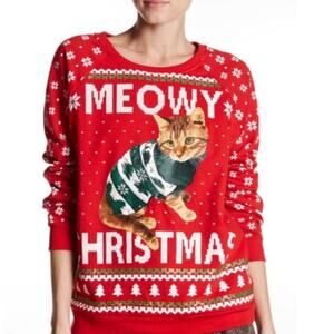 Freeze Meowy Christmas Long Sleeve Pullover Holiday Ugly Sweater, Red Large